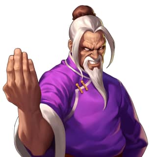 An old man with white hair and beard wearing purple clothing, a cartoon character with a purple shirt.