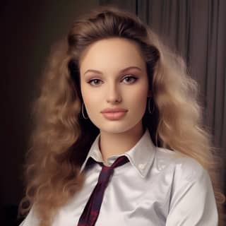 Blond woman with long hair wearing a white shirt and red tie.