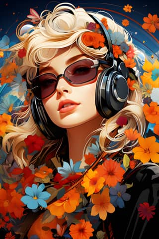 Blond woman wearing headphones and flowers in her hair.