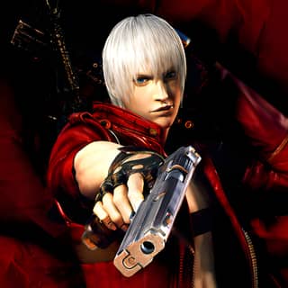 Devil May Cry 4 anime-style image of a red devil holding a gun, available as wallpaper for PC backgrounds.