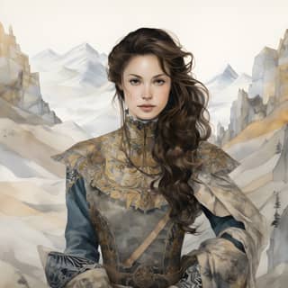 Dressed in medieval attire with long hair against a mountain backdrop.