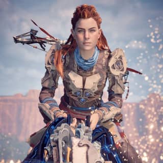 Female character in Horizon riding on a horse with a bunch of weapons on her back.