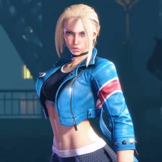 Female character from Street Fighter game wearing a blue jacket and black pants.