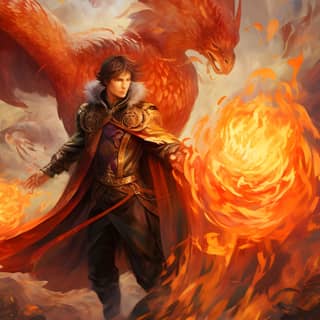 Ivan Tsarevich catches the firebird, dressed in a red cloak and holding a fire ball with a dragon in the background.