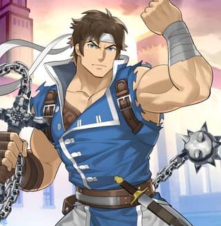 Male anime character with a sword and chains around his neck.