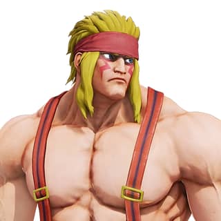 Personagem masculino com cabelo amarelo e bandana vermelha do Street Fighter x Tekken - The King of Fighters.