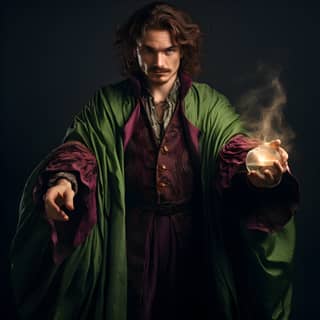 Man in a green cloak holding a magic wand and a glass of liquid.