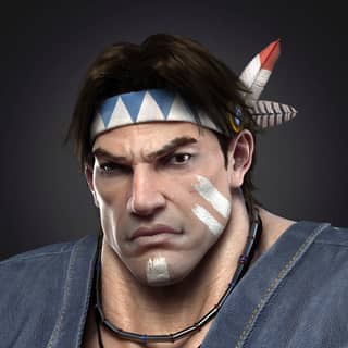 Hombre con una cinta en la cabeza y una pluma en su cabeza. Galería de imágenes con diseños de personajes oficiales para Tekken 5.