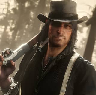 Red Dead Redemption 2 - the best cowboy game ever. Man with a gun and a hat holding a gun in a western setting.