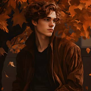 Sitting in front of a tree with autumn leaves, wearing a brown jacket.