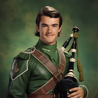 Smiling man in a green uniform holding bagpipes.