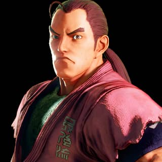 Street Fighter Dan, o personagem está usando uma camisa rosa e uma jaqueta vermelha.