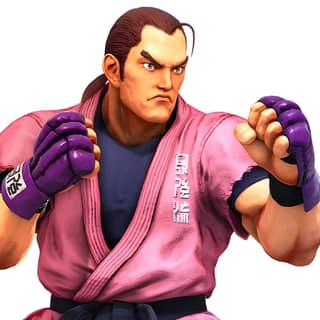 Street Fighter Dan en un kimono morado con los brazos extendidos, junto a una persona con un traje rosa y guantes morados.