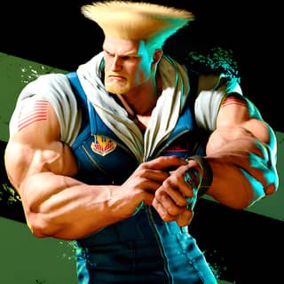 Karakter Street Fighter Guile dengan rambut mohawk dan kemeja, memegang ponsel