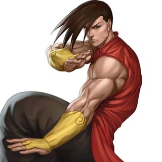 Street Fighter IV art by Kazuhiro Kazuya featuring a cartoon character with a fist and a red cape, with tags including anime and The King of Fighters.