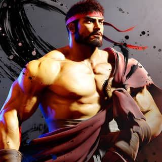 Street Fighter Ryu e Tekken personagem. Homem de barba e capa segurando uma espada.