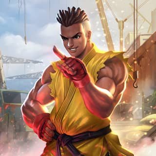 Street Fighter x Tekken 7 features the iconic characters in a yellow outfit pointing at something.