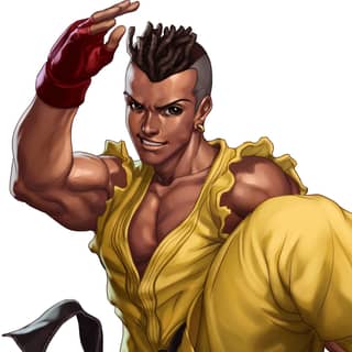 Street Fighter x Tekken character Kazuya in a yellow shirt with a fist. Official art gallery featuring character designs, concept art, and promo pictures.