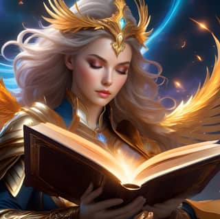 The female angel is holding a book with wings.