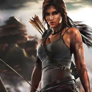 Tomb Raider is in the middle of a battle, holding a bow and arrow.