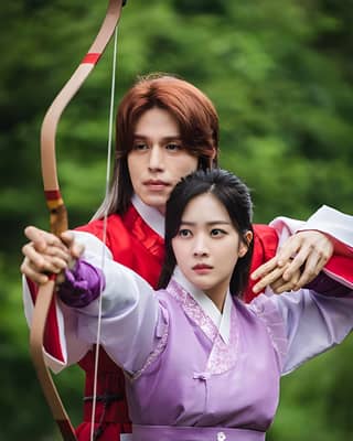 Two people in traditional Korean clothing holding a bow and arrow in scene from 'The Legend of the Blue Sea'.