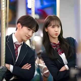 Two young people in school uniforms standing on a bus, looking at each other in a mirror.