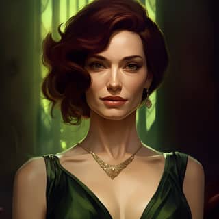 Wearing a green dress and necklace.
