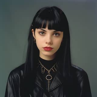 Woman with black hair and a black leather jacket, reminiscent of the vampire diaries.