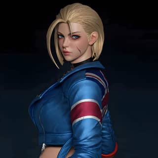 Woman in a blue jacket and red and white striped top, the king of fighters.