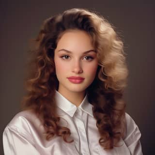 Woman with long curly hair wearing a white shirt.