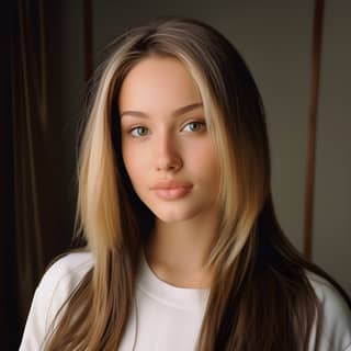 Woman with long hair and blue eyes, wearing white shirt, is a model and actress.