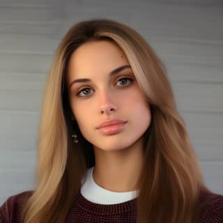 Woman with long hair and a red sweater posing for a picture.