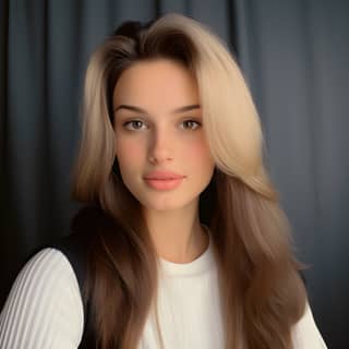 Woman posing with long hair and white sweater.