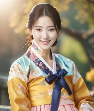 Woman in traditional Korean dress posing for a picture