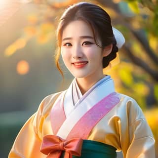 Mulher sorrindo em hanbok coreano tradicional.