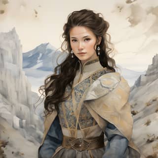 Woman in various dresses and capes in different landscapes.