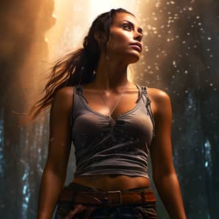 biracial woman with brown glowing eyes standing in front of a waterfall wearing short pants and tank top backside view