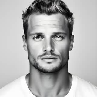 Una foto en blanco y negro de un hombre con barba y camisa blanca mirando a la cámara.