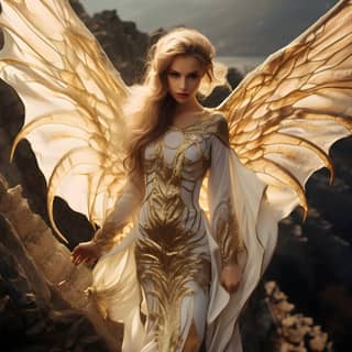 A dragon-woman emerges from golden dragon skin in ethereal white clothes with wings and a cape.