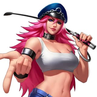 A female character with pink hair wearing a police hat and wielding a sword.