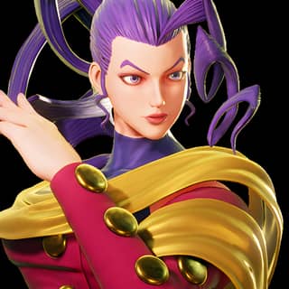 Uma personagem feminina com cabelo roxo e um traje roxo combinando de The King of Fighters.