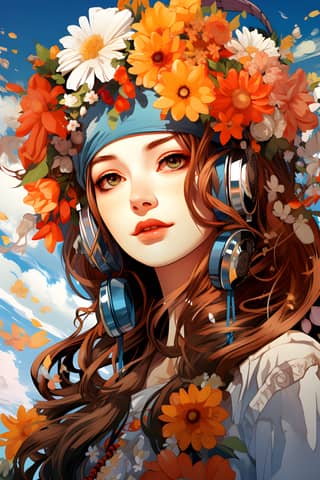 A girl is wearing headphones and flowers in her hair.