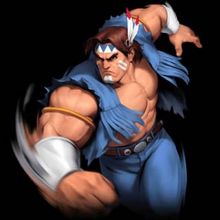 A male character in a blue shirt with a feather holding a sword.