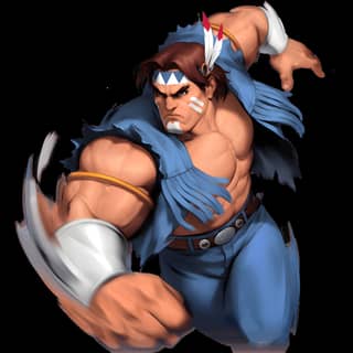 A male character with a blue shirt and white hair, holding a sword. Street Fighter II art.