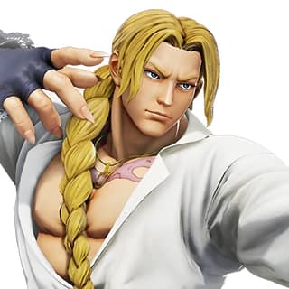 Um personagem masculino com cabelos loiros longos e olhos azuis. Personagens do jogo de vídeo King of Fighters. Personagens fictícios.