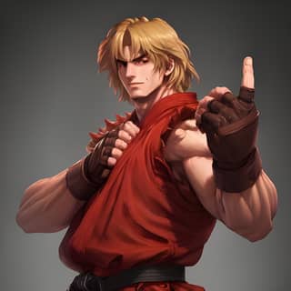 Seorang karakter pria mengenakan pakaian merah mengepal tangan, street fighter x tekken.