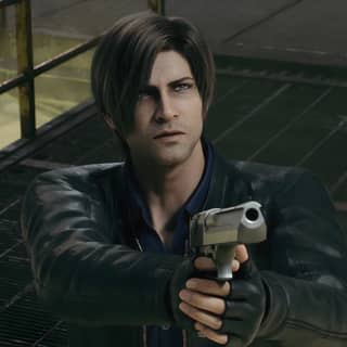 A man is seen holding a gun in a dark room in Resident Evil 2 Remake.