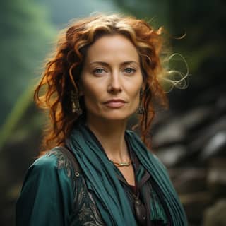 middle aged woman wild forest spiritual teal feminine meditating, with red hair and green dress standing in the woods