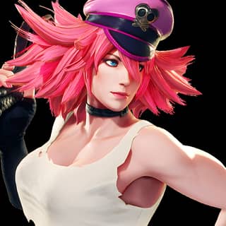 Una persona con i capelli rosa e un cappello tiene in mano un paio di forbici, mostrando l'arte del combattimento in un gioco.