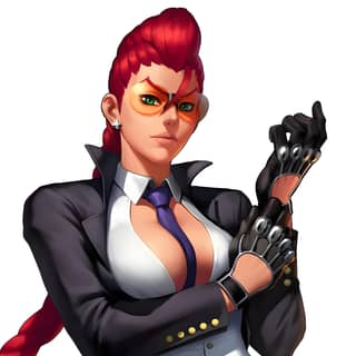 Une personne avec des cheveux roux et des lunettes est en costume et tient un pistolet dans une galerie d'art Street Fighter Alpha avec des designs de personnages officiels, des concepts artistiques et des photos promotionnelles.